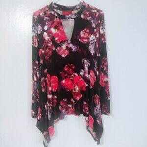 Jennifer Lopez Floral Keyhole Handkerchief Hem Blouse M